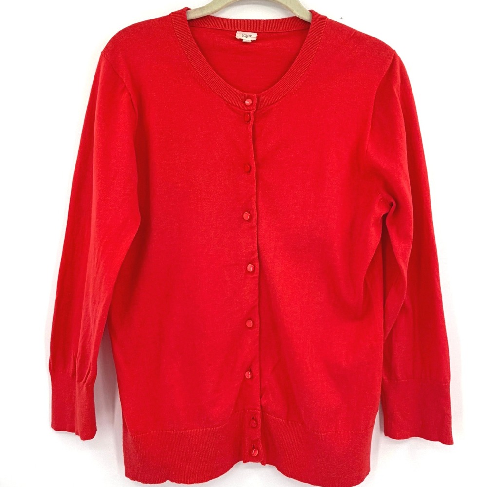J.Crew Womens Red 100% Cotton Button Front Crew Neck Jackie Cardigan Sweater L